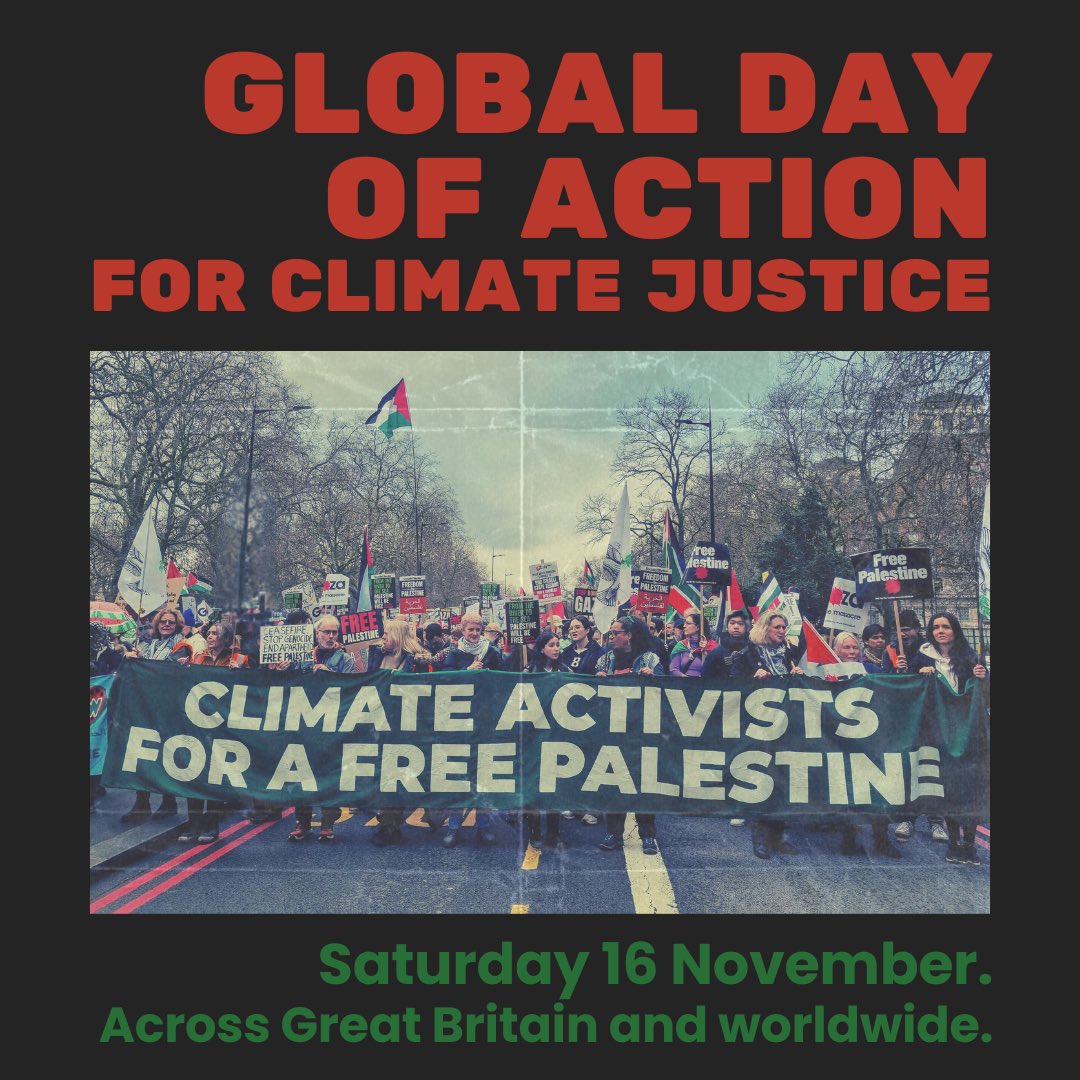 ✊🌍 Join us on Nov 16 for the Global Day of Action for Climate Justice! 
As COP29 begins, we're demanding the UK divest from war &amp; destruction—and invest in a just, ecological, equitable transition. 

25+ actions across GB. 

➡️Find one near you: climatejustice.uk/cop29/find-you… #COP29