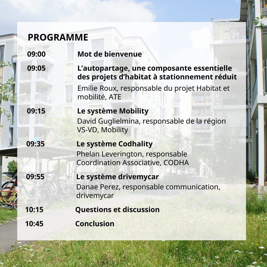 Webinaire : mardi 3.12 à 9h📌
L’#autopartage se développe de plus en plus en Suisse, notamment en lien avec l’habitat. Entre voisin·es, au sein du coopérative ou à une échelle plus large, il présente de nombreux avantages.

Inscription jusqu'au 28.11 👉shorturl.at/HfBDt