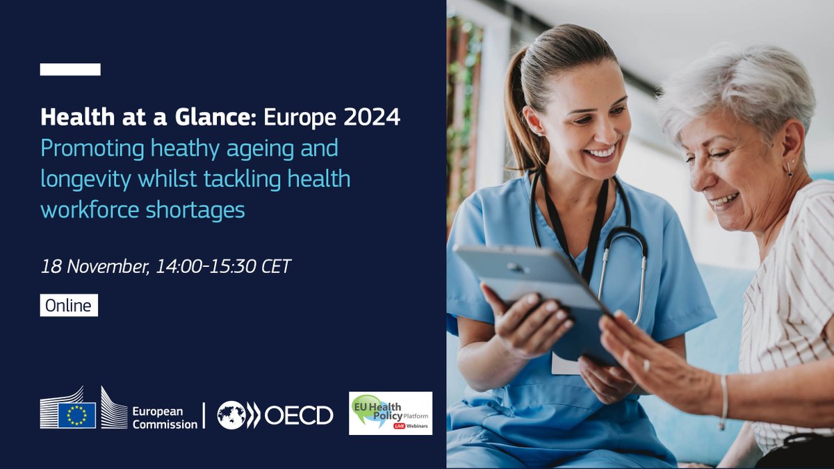 📢Registration open! 
Join our webinar on the newly released ‘Health at a Glance: Europe 2024’ report. 
Hear from the experts, examining major challenges facing European health systems.
📅Nov 18, 14h00 (CET). 
Register here:
🔗europa.eu/!tBCT6c 
#SoHEU24 #HealthUnion