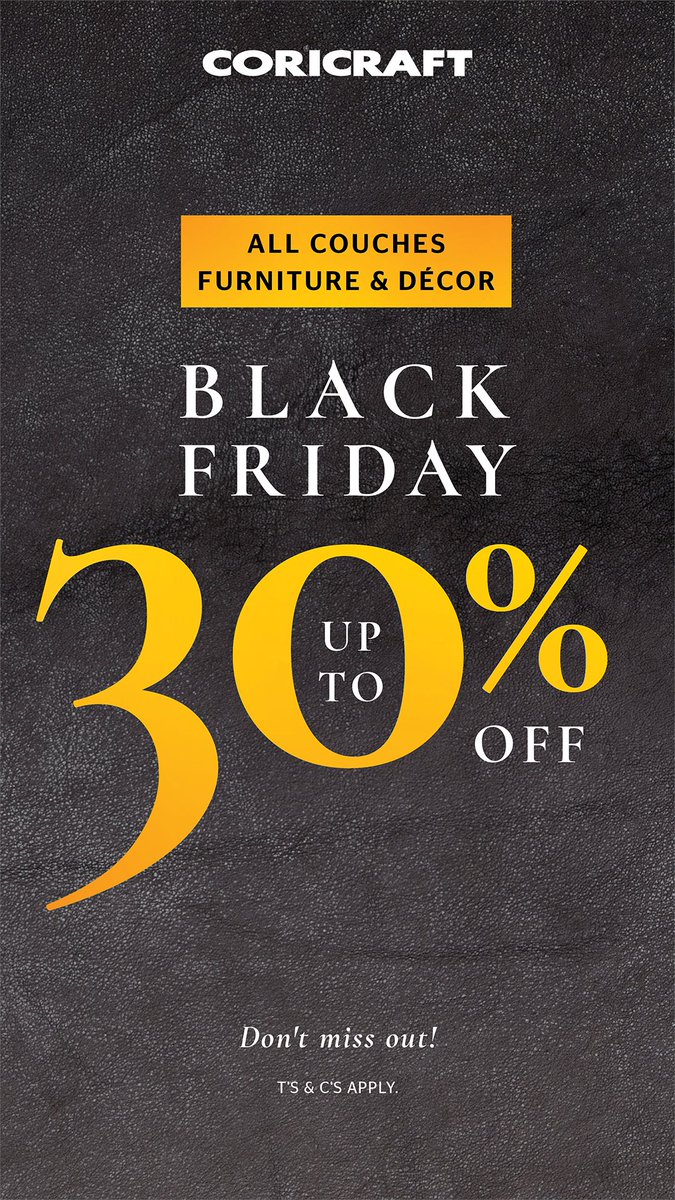 ShopPolokwane's tweet photo. Coricraft's   big Black Friday deal just got even better! Get up to 30% OFF ALL couches,   furniture and decor STOREWIDE! 🖤 But move fast, these stocks won't last! 🏃‍♀️
 
  Shop online and in-store.
 
  #BlackFriday #ShopNow #UnbeatableDeals https://t.co/9WY0Gc0k9V