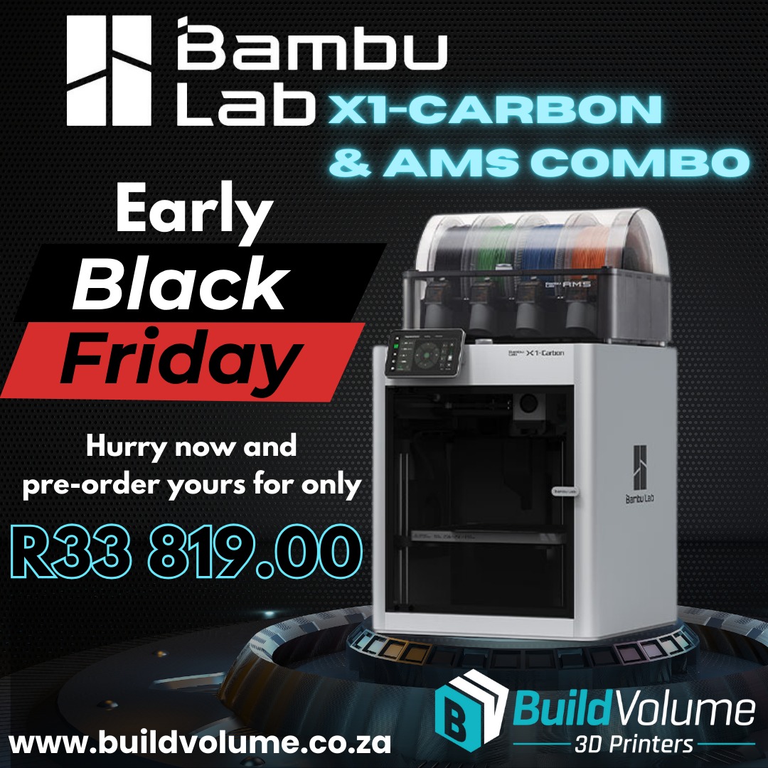 BuildVolume's tweet image. Revolutionize Your 3D Printing!😎

Bambu Lab X1-Carbon &amp;amp; AMS Combo:
- Ultra-high precision and Multi-color printing
- Advanced calibration system
- Compact, lightweight design

Get the bundle from @BuildVolume🎉
 buildvolume.co.za/bambu-lab-x1-c…

#BambuLabX1Carbon #3DPrinting #BuildVolume