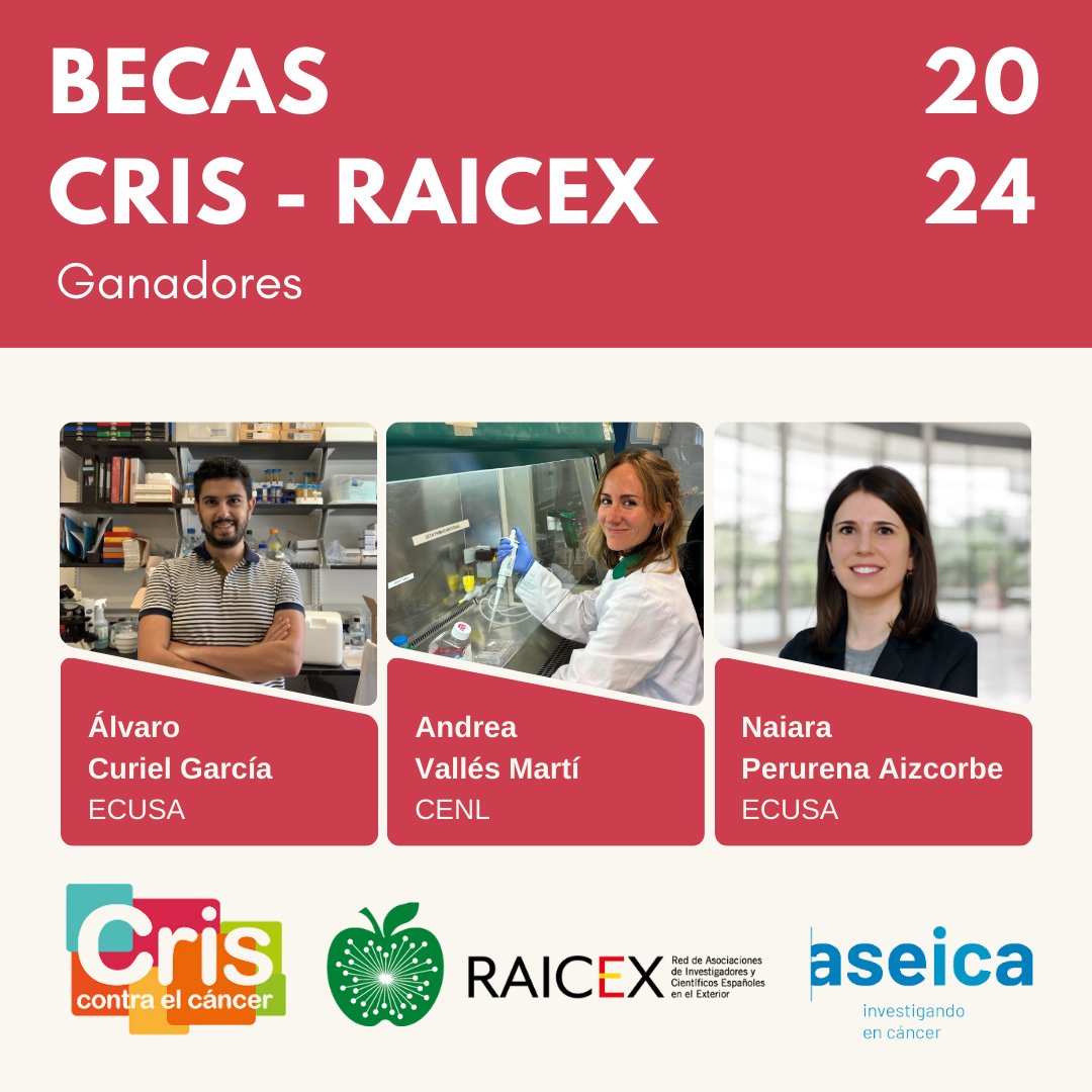 raicex_es's tweet photo. 🔴 Conoce a los ganadores de las becas CRIS-RAICEX 2024 🔴

Álvaro Curiel García (@AlvaroCurielGa1) 
Andrea Vallés Martí
Naiara Perurena Aizcorbe

@comunidadECUSA
@CENL_SWNL

¡Enhorabuena a los tres! Y gracias @criscancer y @ASEICAnews por hacer posible esta colaboración https://t.co/oEzXKayOCv