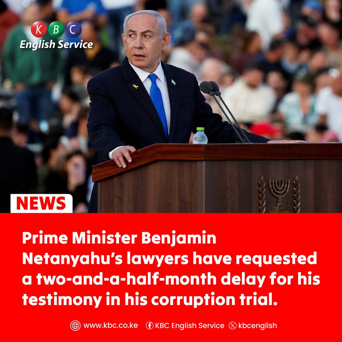 kbcenglish's tweet photo. Prime Minister Benjamin Netanyahu’s lawyers have requested a two-and-a-half-month delay for his testimony in his corruption trial. They argue that recent security incidents disrupted the time he needed to prepare, making it "impossible" for him to be adequately ready. This request was submitted to the Jerusalem District Court.

#KBCEnglishService
^PMN