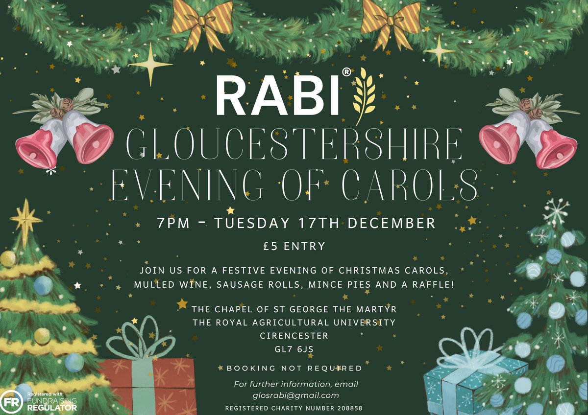Gloucestershire RABI evening of Christmas carols - a light hearted &amp; enjoyable way to celebrate the festive period! ✨
Tuesday 17th December 7pm <a href="/RoyalAgUni/">Royal Agricultural University</a> Chapel 🎅🏼🎄