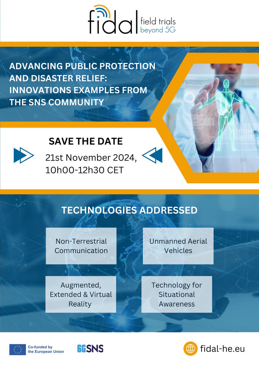 Join us in FIDAL's upcoming webinar on Advancing #PPDR presenting #innovation examples from the #SNS Community. 

The event will take place on Thursday 21st November, 10h00-12h30 CET. 

Register Now: 
ec.europa.eu/eusurvey/runne…

<a href="/6G_SNS/">SNS JU</a> 
<a href="/EU_Commission/">European Commission</a>