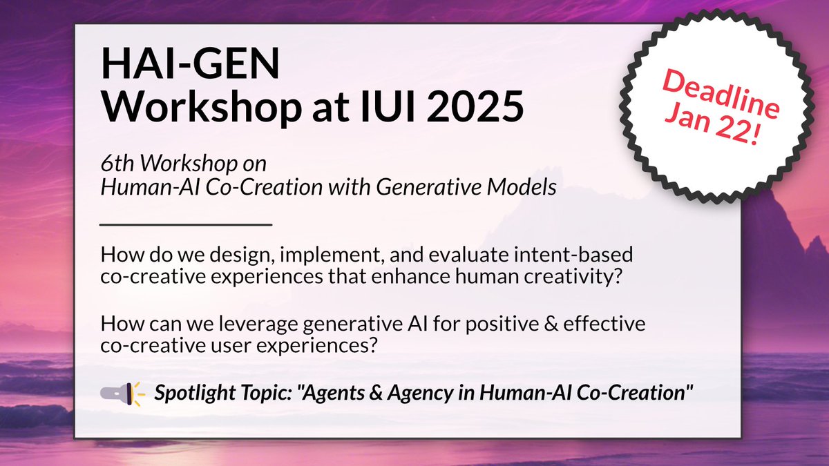Daniel Buschek (@dbuschek) on Twitter photo 📢We're back! Join our 6th "HAI-GEN" workshop on Human-AI Co-Creation with Generative Models at #IUI2025!
👉Submit a paper, demo or poster by Jan 22: hai-gen.github.io/2025/
with <a href="/ossimokryn/">Ossi Mokryn🎗️</a>, <a href="/oshaer/">Dr. Orit Shaer</a>, <a href="/wernergeyer/">Werner Geyer</a>, Mary Lou Maher, Justin Weisz, <a href="/LydiaChilton/">Lydia Chilton</a> 📢We're back! Join our 6th "HAI-GEN" workshop on Human-AI Co-Creation with Generative Models at #IUI2025!
👉Submit a paper, demo or poster by Jan 22: hai-gen.github.io/2025/
with <a href="/ossimokryn/">Ossi Mokryn🎗️</a>, <a href="/oshaer/">Dr. Orit Shaer</a>, <a href="/wernergeyer/">Werner Geyer</a>, Mary Lou Maher, Justin Weisz, <a href="/LydiaChilton/">Lydia Chilton</a>