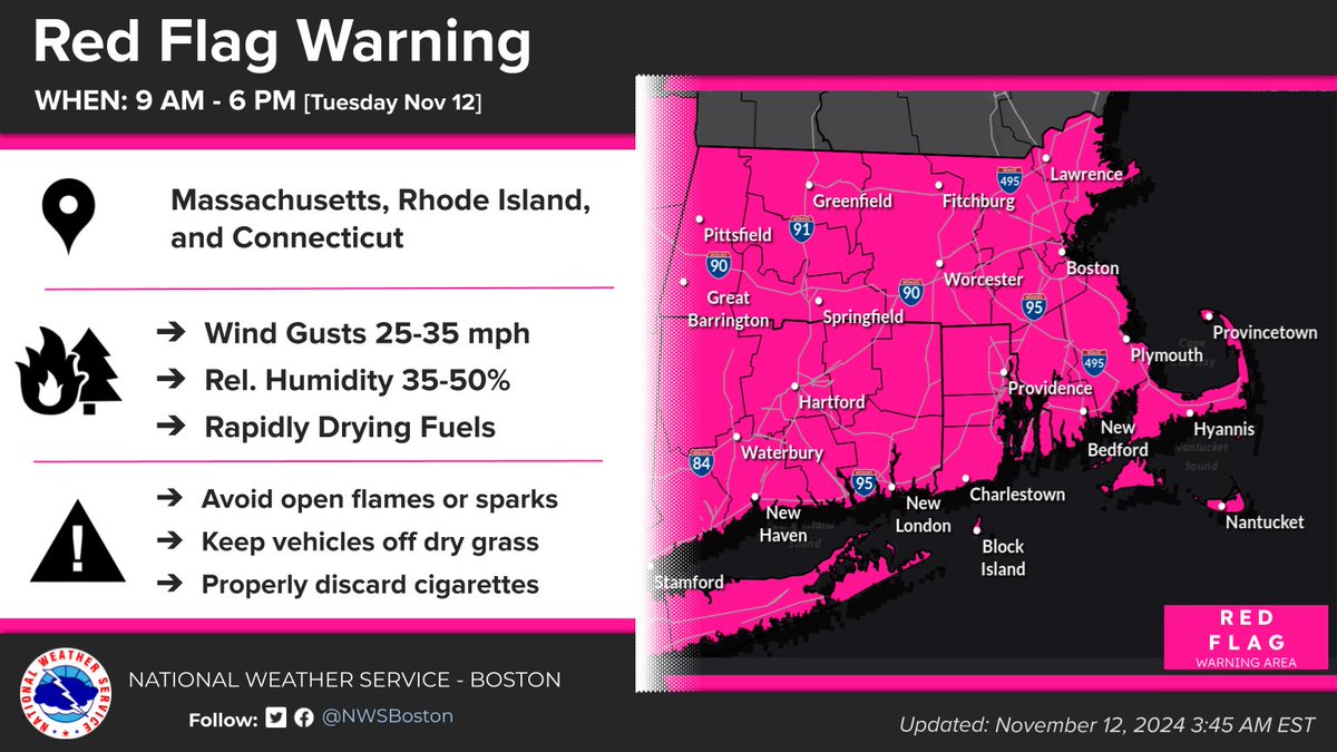 🔥🚩A Red Flag Warning will be in effect today due to
windy and dry conditions.

🚫Avoid outdoor burning
🚫 Avoid any activities that may produce a spark
 ⚠ Use caution with disposal of igniters (cigarettes)

#MAwx #CTwx #RIwx