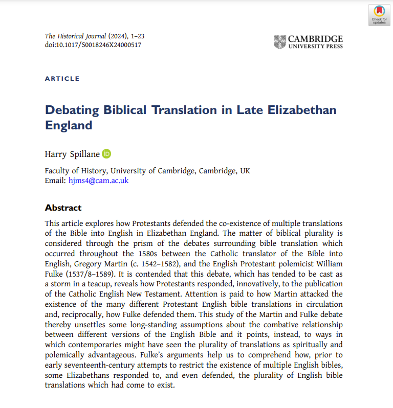 📣Out now on #firstview!

Harry Spillane (<a href="/SpillaneHarry/">Harry Spillane</a>) (<a href="/CamHistory/">Cambridge History</a>) on 'Debating Biblical Translation in Late Elizabethan England'

#Catholic #Protestant #Religion #Christianity 📕📜

👉Read open access here: cambridge.org/core/journals/…