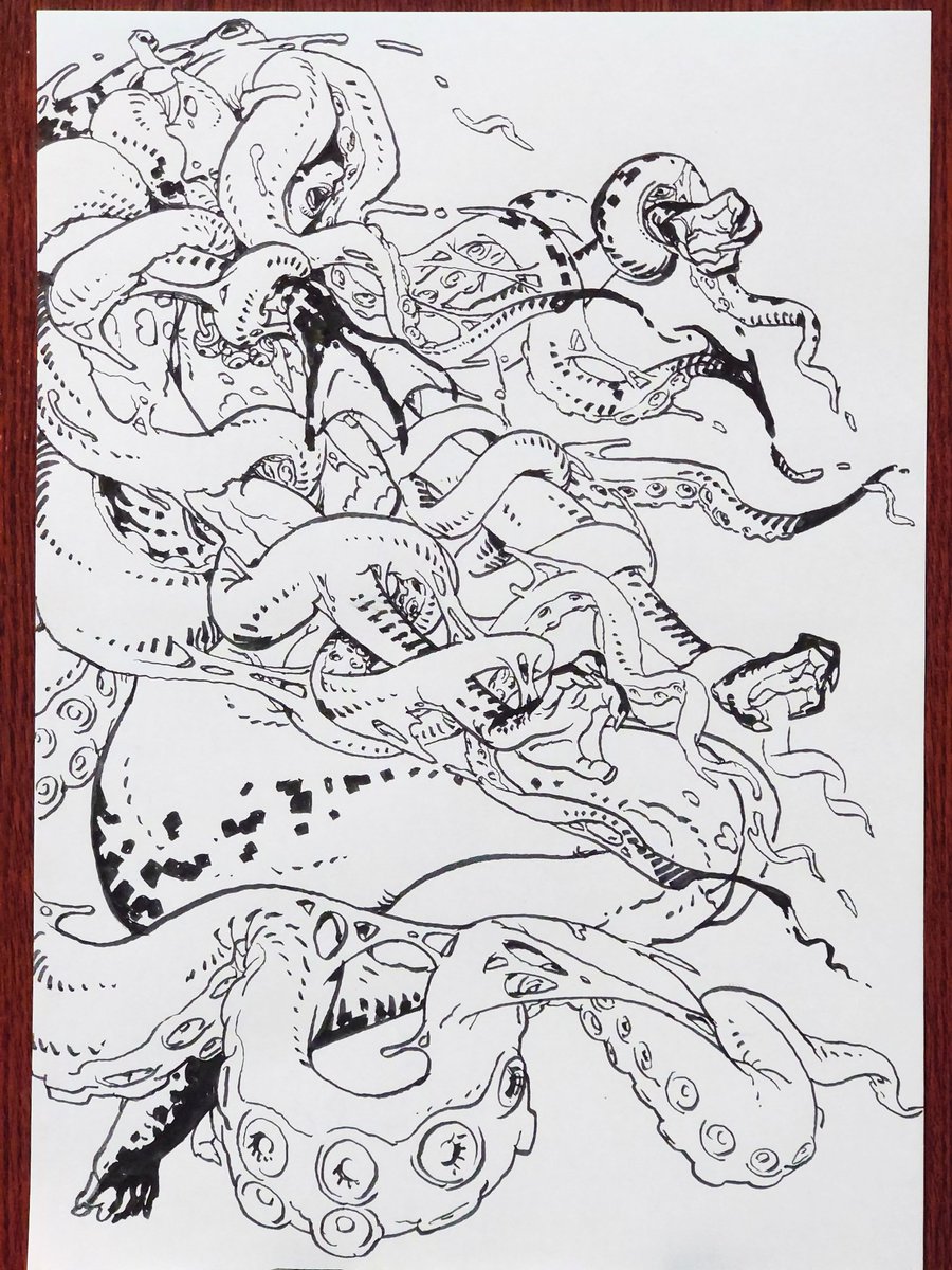 落書き、細ペンで見やすい絵より筆ペンでゴチャゴチャした絵を描くほうが好き、だけど集中力が求められるから一日一枚しか落書き出来ない。 