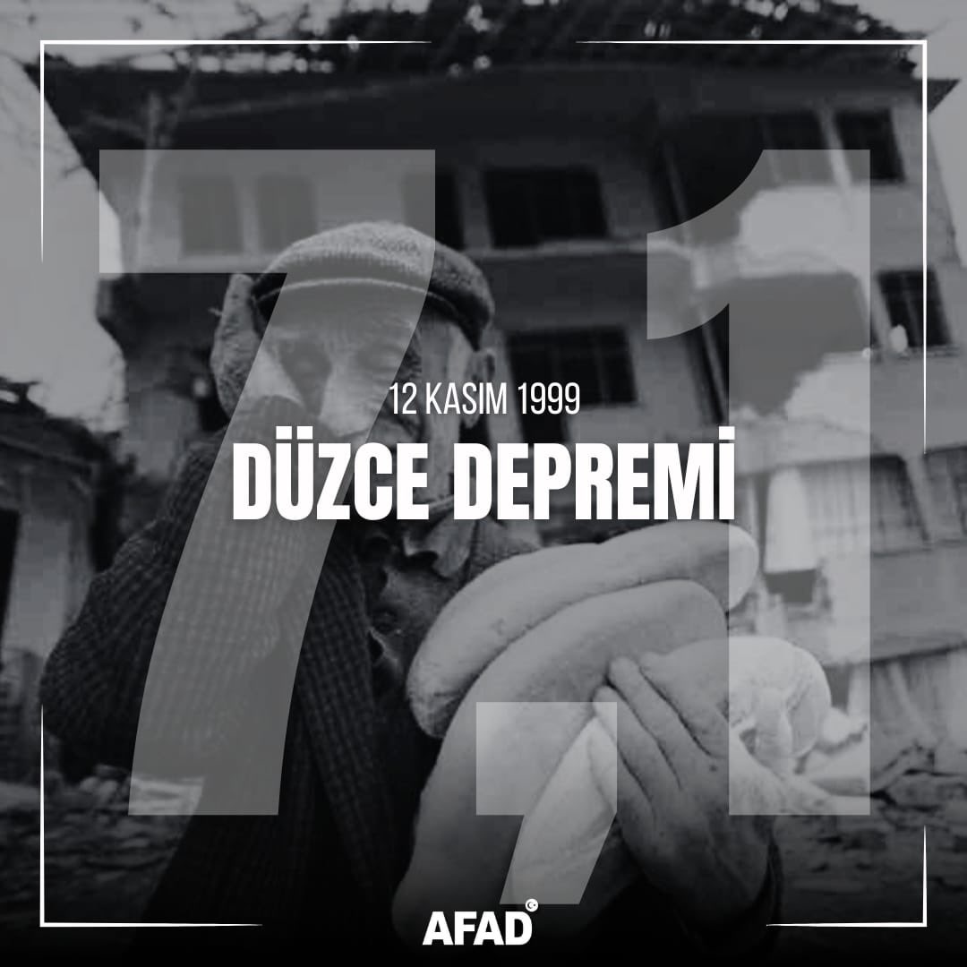 AFADBaskanlik's tweet photo. 🗓️ 12 Kasım 1999
⏰ 18.57
🔍 Mw 7.1

Bugün, son yüzyılın en büyük depremlerinden biri olan #12Kasım #DüzceDepremi'nin 2️⃣5️⃣. yıl dönümü!

Ülkemizi derinden etkileyen depremlerde kaybettiğimiz tüm vatandaşlarımızı rahmetle anıyor; milletimize bir kez daha geçmiş olsun dileklerimizi sunuyoruz.

#Unutmadık 🇹🇷