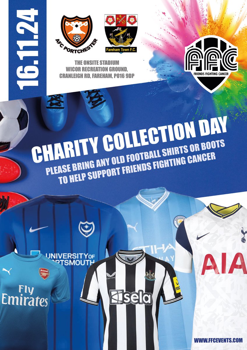 Friends Fighting Cancer (@ffcevents) on Twitter photo We are teaming up with <a href="/AFCPortchester/">AFC Portchester</a> on Saturday 16th Nov vs <a href="/farehamtownfc/">Fareham Town FC</a>
To launch our collection day! If you have any old football shirts or boots please bring along and put into one of our 3 collection bins! FREE badges and wristbands to all 🧡
ffcevents.com We are teaming up with <a href="/AFCPortchester/">AFC Portchester</a> on Saturday 16th Nov vs <a href="/farehamtownfc/">Fareham Town FC</a>
To launch our collection day! If you have any old football shirts or boots please bring along and put into one of our 3 collection bins! FREE badges and wristbands to all 🧡
ffcevents.com
