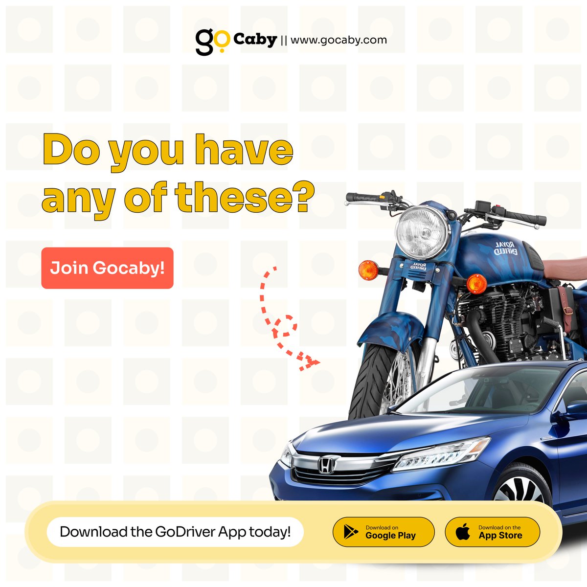 usegoapp's tweet photo. Earn Massively!
Join GoCaby and turn your miles into CASH! Download the GoDriver App and start earning.
π² https://t.co/8vOsmzTr4v
Hauwa #GoCaby #Delivery #dispatch https://t.co/DTsWIfrhdk