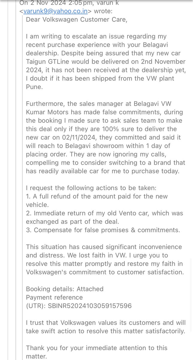 Good_For_All_'s tweet photo. @volkswagenindia I'm disappointed with the delayed delivery of my Taigun. Despite numerous follow-ups, my issue remains unresolved. Escalating this matter as it’s affecting my plans. Pls address this urgently. 2nd time promised date also failed! #VW #CustomerService #TaigunDelay https://t.co/P9H2UQcLOG