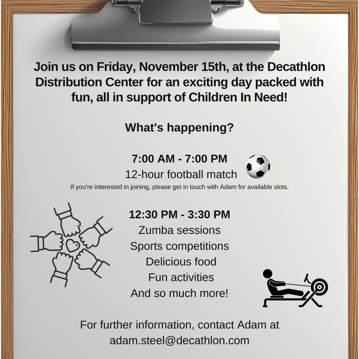 BrackmillsBID (@brackmillsbid) on Twitter photo The BBCâs annual Children in Need show will be back on our screens on Friday 15th November.
What are you doing to raise money this year?
<a href="/DecathlonUK/">Decathlon UK</a> are running a 12 hour football match that you can join in with.
#childreninneed #bbcin #fundraising #pudsey #charity The BBCâs annual Children in Need show will be back on our screens on Friday 15th November.
What are you doing to raise money this year?
<a href="/DecathlonUK/">Decathlon UK</a> are running a 12 hour football match that you can join in with.
#childreninneed #bbcin #fundraising #pudsey #charity