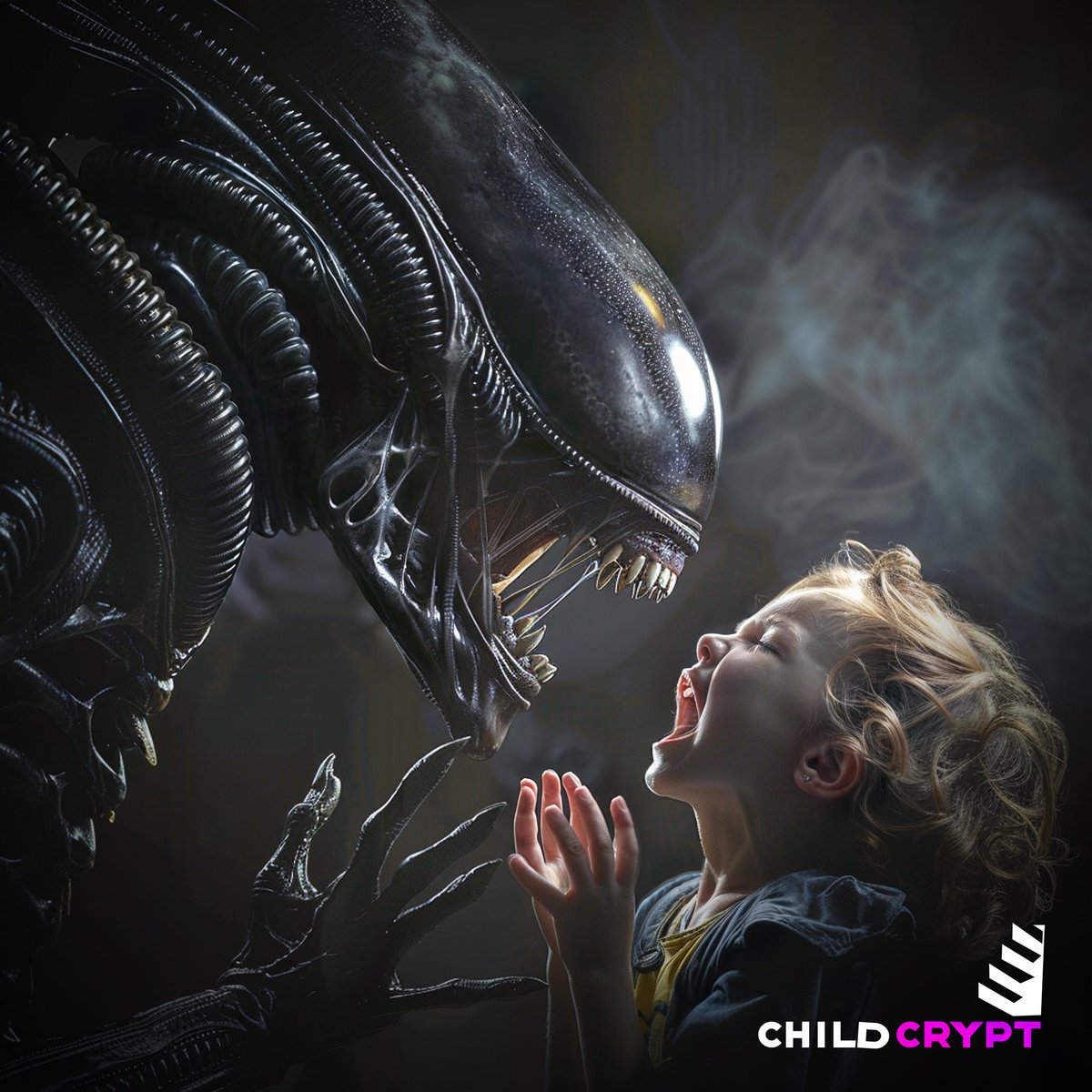 FlyDesignJC's tweet image. Dándole cera a #midjourney y #photoshop para está serie de imágenes Childcrypt.

#retouching #fear #alien #kids