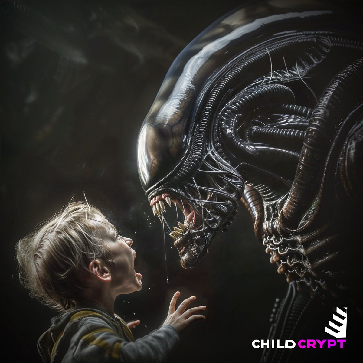 FlyDesignJC's tweet image. Dándole cera a #midjourney y #photoshop para está serie de imágenes Childcrypt.

#retouching #fear #alien #kids