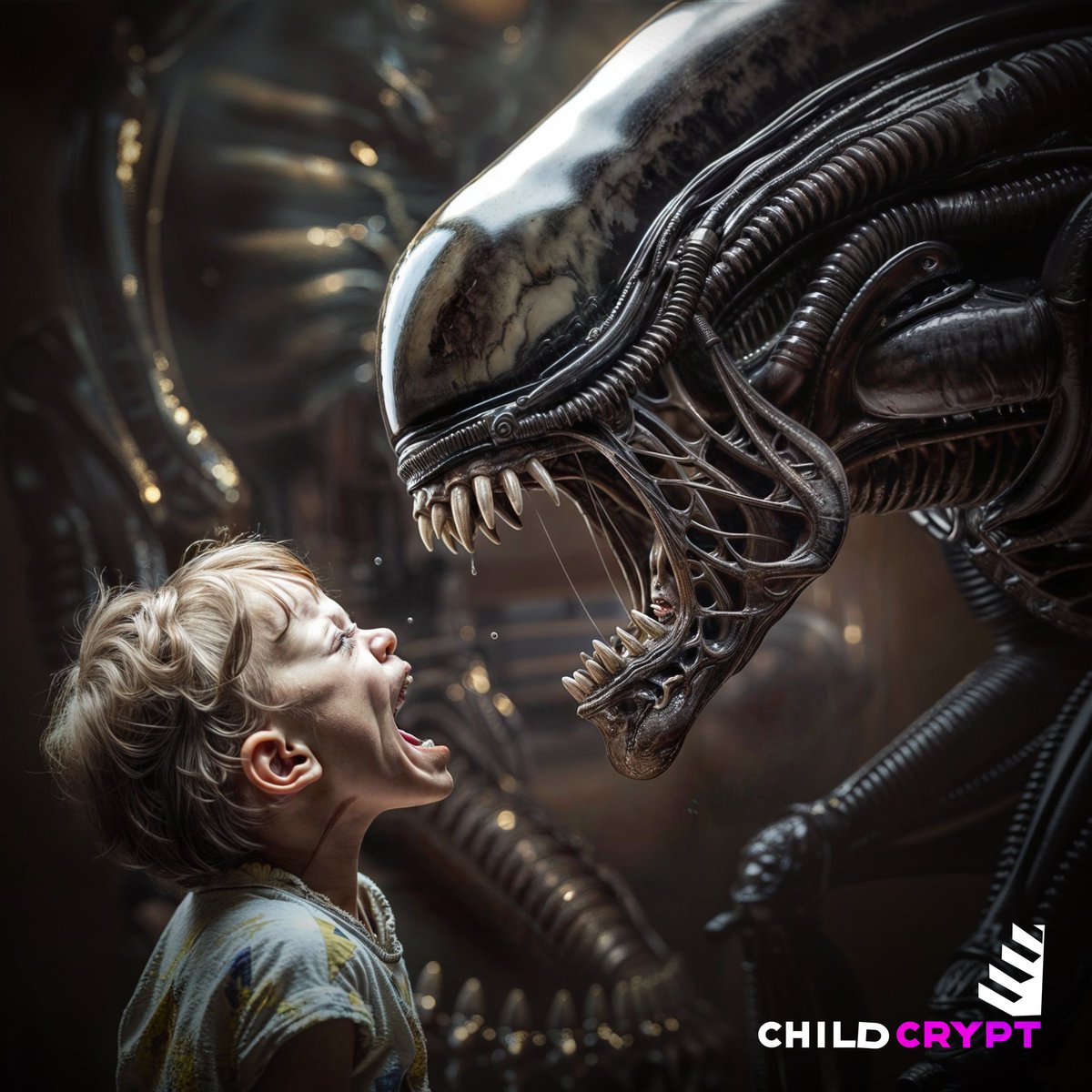 FlyDesignJC's tweet image. Dándole cera a #midjourney y #photoshop para está serie de imágenes Childcrypt.

#retouching #fear #alien #kids