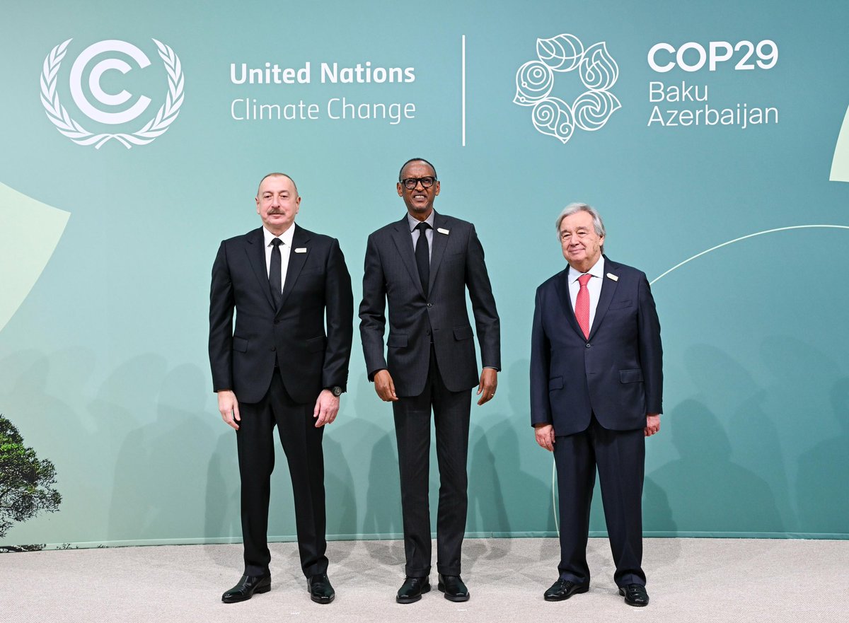 UrugwiroVillage's tweet photo. President Kagame has arrived at the Baku Stadium where he was welcomed by President Ilham Aliyev of Azerbaijan and UN Secretary-General António Guterres before joining other world leaders for the opening ceremony of the 29th Conference of the Parties to the UN Framework Convention on Climate Change #COP29