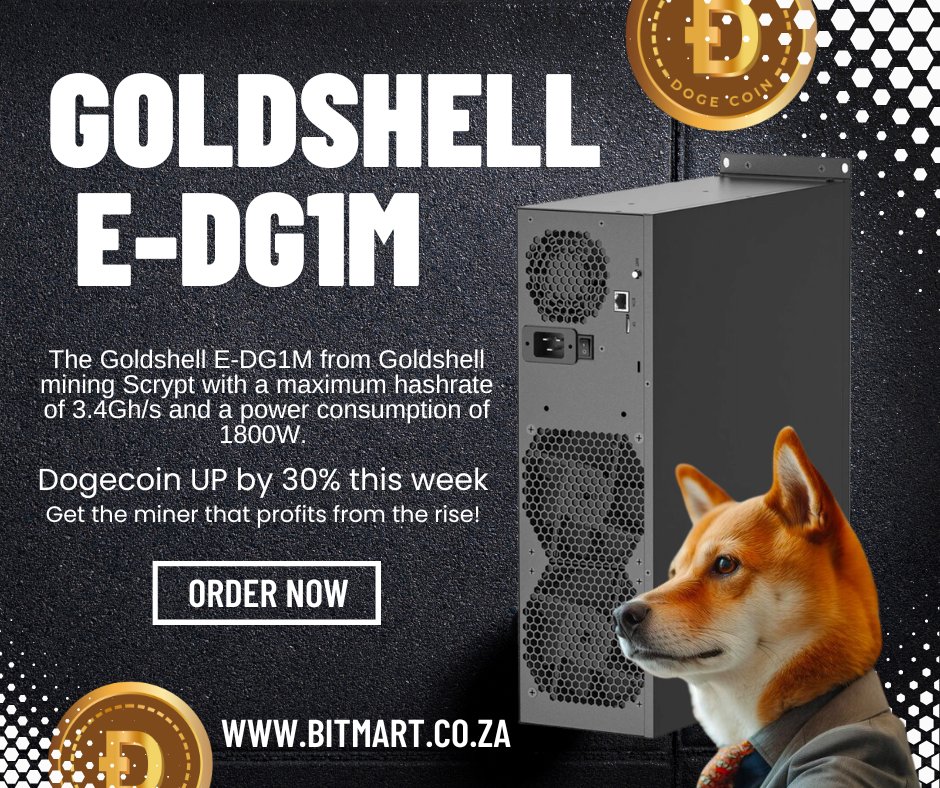 BitmartSA's tweet image. Get your hands on the #Goldshell E-DG1M, offering a massive #hashrate of 3.4Gh/s and energy-efficient 1800W #power consumption. Ideal for #mining #Litecoin, #Dogecoin , and more!
Ready to #LevelUp  ? Visit us at bitmart.co.za and secure your miner now! 📷
#CryptoMining