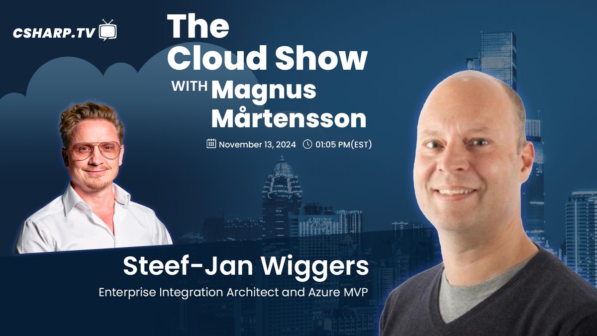 CSharpDotTV's tweet photo. Catch 'The Cloud Show with Magnus Mårtensson' tomorrow at 1:05 PM (EST)! Join @noopman and @SteefJan as they dive into the latest cloud technology trends. Don’t miss out!

📺 Live streaming at https://t.co/mCf88quCo1

#TheCloudShow #Cloud #CSharpTV #liveshow #CloudShow #CSharpCorner