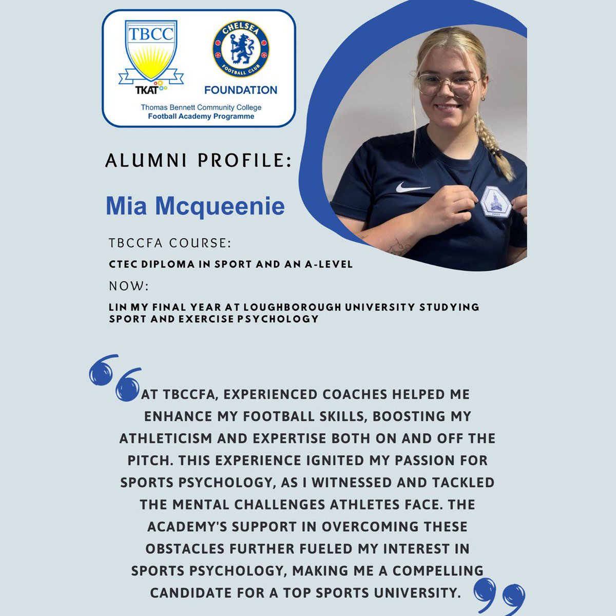 Chelsea FC Academy Crawley (@tbccfa) on Twitter photo @tbccfa ALUMNI
Mia graduated from @tbccfa with 2 x A* and 1 x A grade in Psychology and gained a place at <a href="/lborouniversity/">Loughborough University</a> to study Sports Psychology
Could this be you??????
#comejoinus
#chelsea
#winnersdomore @tbccfa ALUMNI
Mia graduated from @tbccfa with 2 x A* and 1 x A grade in Psychology and gained a place at <a href="/lborouniversity/">Loughborough University</a> to study Sports Psychology
Could this be you??????
#comejoinus
#chelsea
#winnersdomore