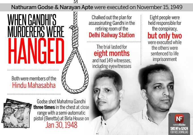 pycpim's tweet photo. 📣 On this day in history, November 15, 1949, the fascist Nathuram Godse and Narayan Apte, associated with the Hindu Mahasabha /RSS, were executed for their role in the assassination of Mahatma Gandhi. Their cowardly act shook the world. #BanAzov #BanRSS #BanHM #Banzionist https://t.co/qtNcWrmsXG