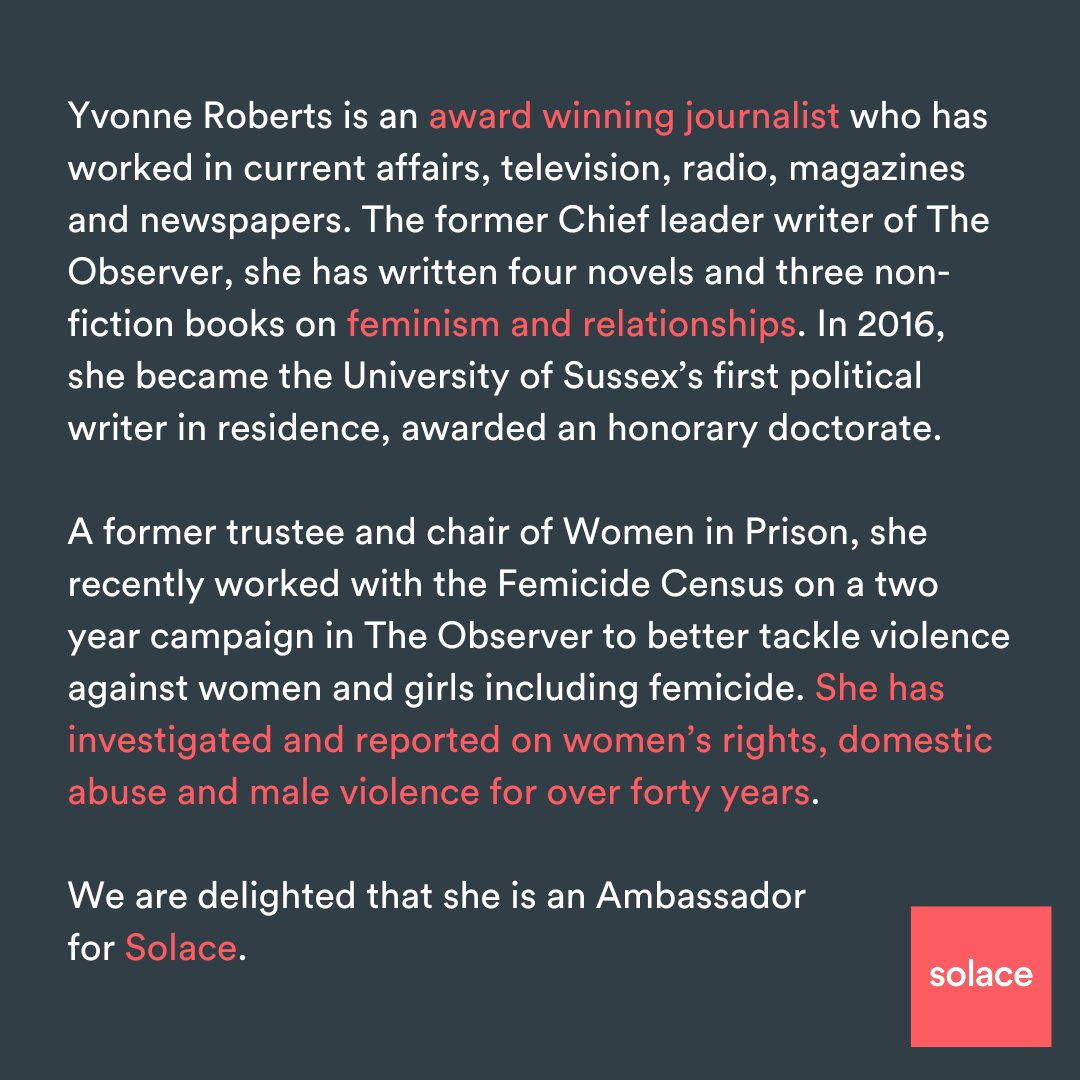 Solace Women's Aid (@solacewomensaid) on Twitter photo We are delighted to share that Solace has a new Ambassador. Meet <a href="/YvonneARoberts/">Yvonne Roberts</a>.
Yvonne will be chairing our upcoming online event on peer-on-peer abuse & the ways in which we can protect and support young people. Get your free tickets here eventbrite.co.uk/e/105512810957… We are delighted to share that Solace has a new Ambassador. Meet <a href="/YvonneARoberts/">Yvonne Roberts</a>.
Yvonne will be chairing our upcoming online event on peer-on-peer abuse & the ways in which we can protect and support young people. Get your free tickets here eventbrite.co.uk/e/105512810957…
