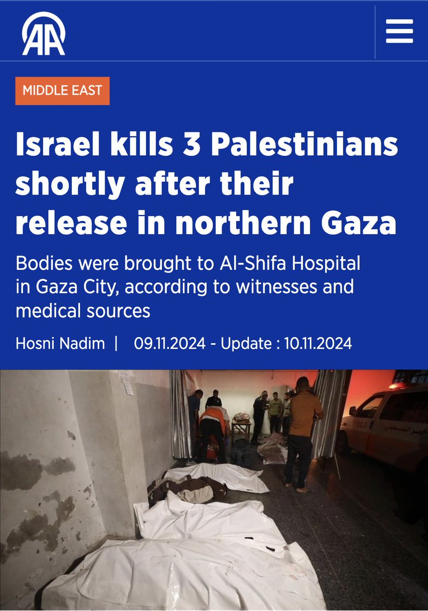 🚨96 hours later, not one single word in mainstream media about Israel sadistically executing 3 Gazan hostages:

Ordering them to make a run for their lives, then hunting them down one by one as they fled in terror

Were they Israeli hostages, the earth would be shaking right