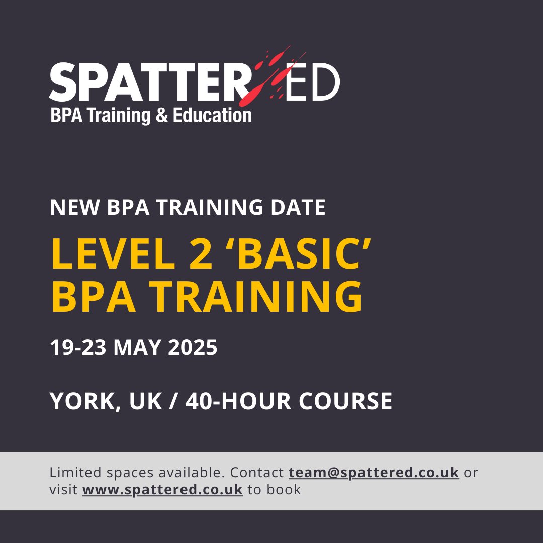 spatter_ed's tweet photo. BOOKING NOW: 1-WEEK RESIDENTIAL BASIC BPA TRAINING 19-23 MAY 2025
Emergency Planning College, near York, UK.
You can read more about the course ... and the puddings (!) in Bracken's BPADogBlog!

#BPA #bloodstainpatternanalysis #forensicscience #IABPA
#spatterchatter #BPADogBlog https://t.co/VVIpzSQs5J