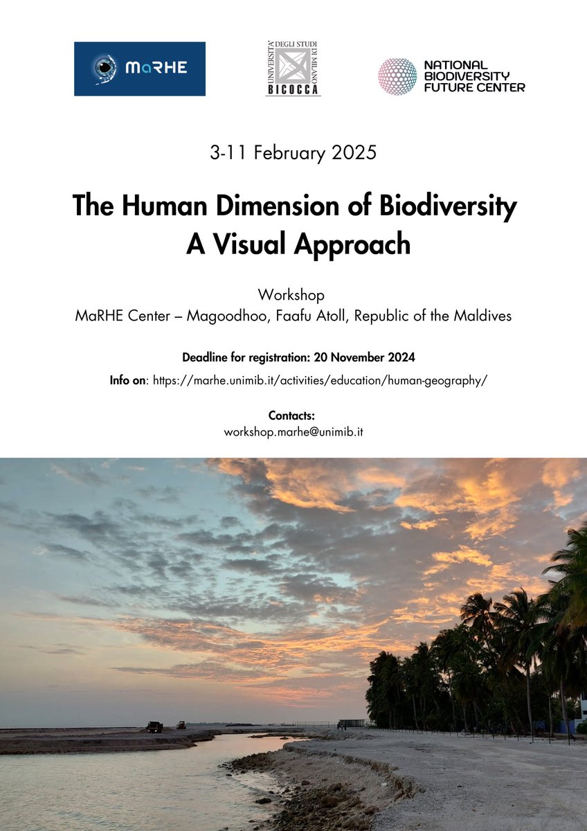 wiomsa's tweet photo. The Human Dimension of Biodiversity: A Visual Approach workshop will take place at the MaRHE Center on Magoodhoo Island, Maldives, from February 3-11, 2025.

Interested applicants are invited to register by November 20th, 2024.🗓️ https://t.co/QZ0pQbGhKx