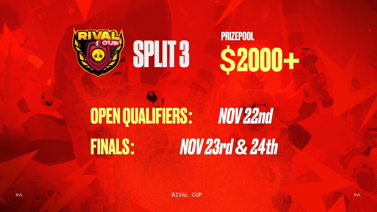 RivalEsportsHQ's tweet photo. 🚨The Rival Cup Split 3 is here 🚨
Missing the Brawl Esports action? Here’s your chance to compete with the BEST in APAC.
Register now 👉🏻 https://t.co/iUrTP4ccJB
Registrations will be closed on 22nd November, 12pm JST.
#RivalCup @Brawl_esports https://t.co/riPosfUHVz