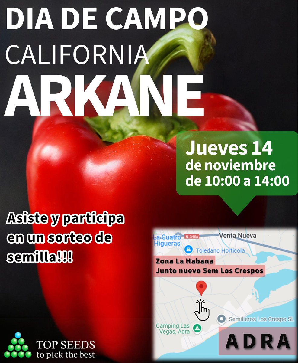 Día de campo con <a href="/TopseedsES/">Top Seeds Iberica</a>  este jueves en Adra para conocer a 🫑Arkane🫑. En Adra, de 10:00 a 14:00. 
Los asistentes participarán en un sorteo de semilla. 
Comprueba la ubicación aquí👉 acortar.link/hvl57W