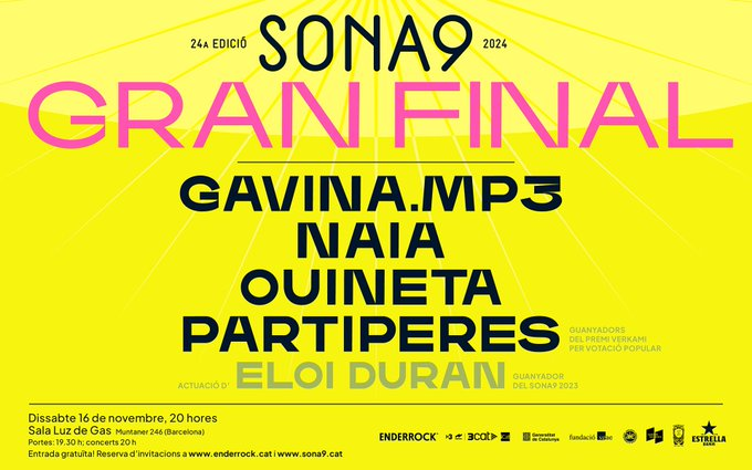 Festival BAM (@festivalbam) on Twitter photo 💛 Aquest dissabte 16 de novembre és la final de la 24a edició del <a href="/sonanou/">Sona9</a> a la sala <a href="/LuzdeGasClub/">Luz de Gas</a>!
Els finalistes són... gavina.mp3, <a href="/ouineta/">Ouineta</a>, Naia i <a href="/partiperes/">Partiperes</a> 👏
Aconsegueix la teva invitació 👉 enderrock.cat/noticia/28786/ 💛 Aquest dissabte 16 de novembre és la final de la 24a edició del <a href="/sonanou/">Sona9</a> a la sala <a href="/LuzdeGasClub/">Luz de Gas</a>!
Els finalistes són... gavina.mp3, <a href="/ouineta/">Ouineta</a>, Naia i <a href="/partiperes/">Partiperes</a> 👏
Aconsegueix la teva invitació 👉 enderrock.cat/noticia/28786/
