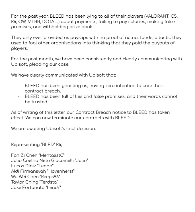Update on BLEED R6

We can now terminate out contracts with BLEED with immediate effect. Awaiting Ubisoft's final decision.

Hopefully we can take part in the Invitiational 2025,  99.9% chance of qualifying to it right now.