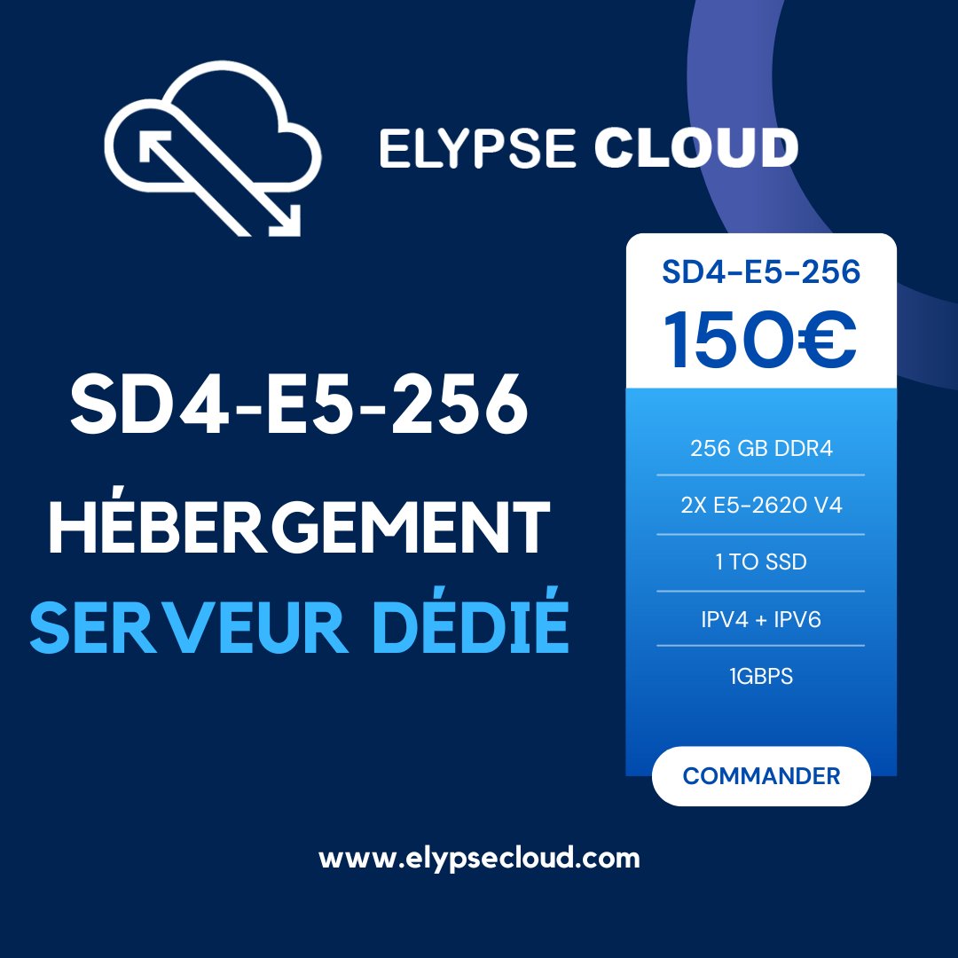 🚀 Besoin d'un serveur dédié ultra-puissant ?

Découvrez notre offre SD4-E5-256 ! 🔥

✨ 2x E5-2620 V4 ✨ 256 Go de RAM DDR4 ✨ 1 To SSD (ou plus)

💼 À partir de 150€/mois !

👉 Contactez-nous pour en savoir plus ! 
🔗 elypsecloud.com/serveurs-dedies
#ServeurDédié