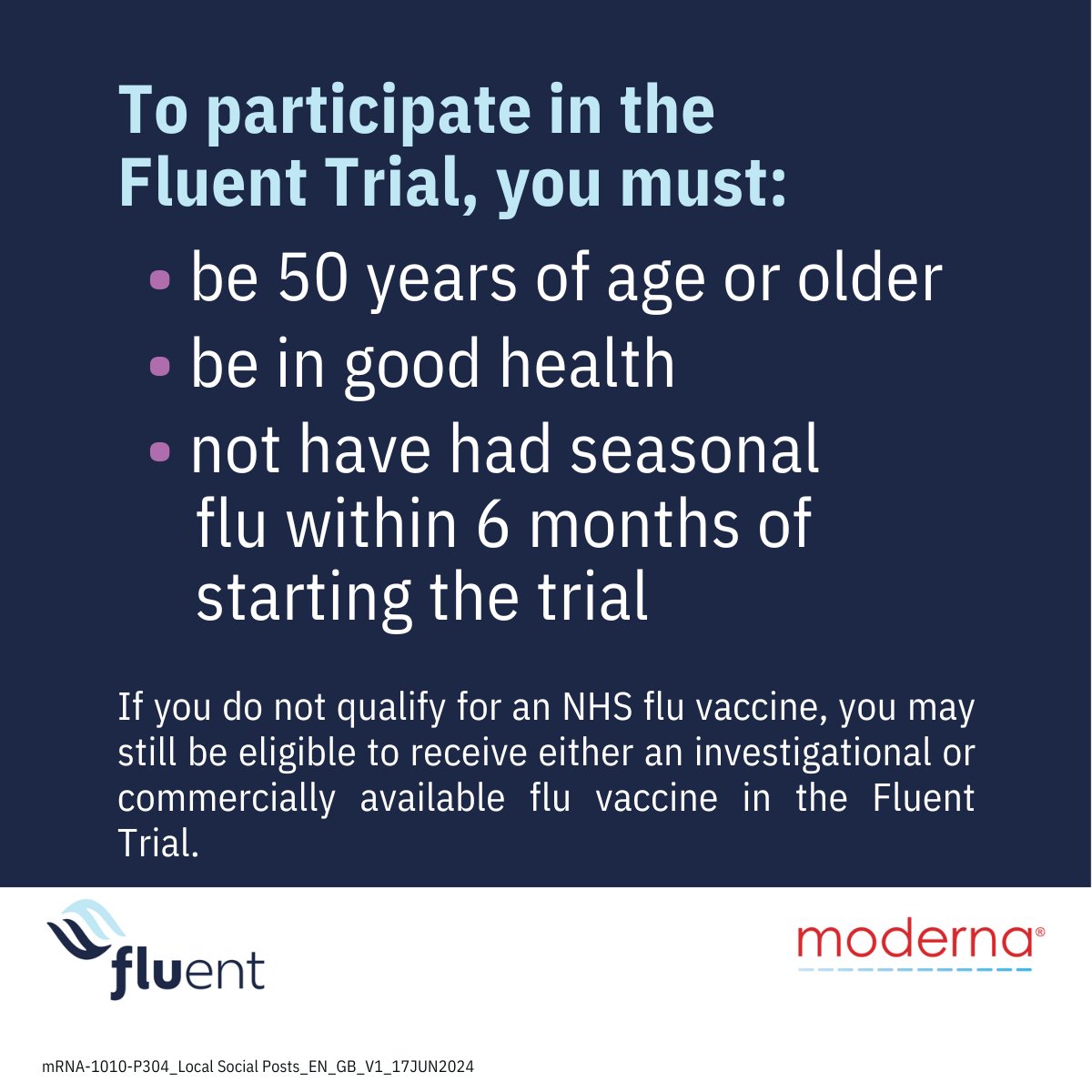 Plymouth Research and Development Team @UHP_NHS (@rdinuhp) on Twitter photo Adults 50 years of age or older needed now
Join the Fluent Trial to help see if an investigational vaccine may be able to prevent seasonal flu for people aged 50+.
Want to take part? Contact our Agile Research team today @ Tel: +44 (0) 1752 439123 E-mail: plh-r.rdplymouth@nhs.net Adults 50 years of age or older needed now
Join the Fluent Trial to help see if an investigational vaccine may be able to prevent seasonal flu for people aged 50+.
Want to take part? Contact our Agile Research team today @ Tel: +44 (0) 1752 439123 E-mail: plh-r.rdplymouth@nhs.net