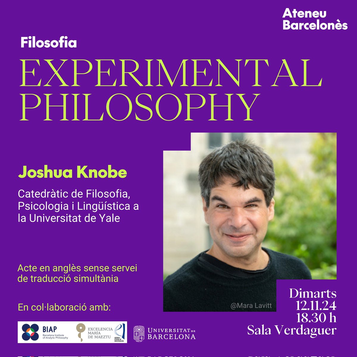 Filosofia - Ateneu Barcelonès (@filoateneubcn) on Twitter photo 📅 Aquesta tarda a l'<a href="/ateneubcn/">Ateneu Barcelonès</a> (18.30h.)
🟣 EXPERIMENTAL PHILOSOPHY
🤔 A càrrec de Joshua Knobe, catedràtic a <a href="/Yale/">Yale University</a> i pioner d'aquesta disciplina a cavall entre la filosofia i la psicologia.
🤝 Amb la col·laboració amb del <a href="/BiapBarcelona/">BIAP - Barcelona Institute of Analytic Philosophy</a>.
🇺🇸 Acte en anglès. 📅 Aquesta tarda a l'<a href="/ateneubcn/">Ateneu Barcelonès</a> (18.30h.)
🟣 EXPERIMENTAL PHILOSOPHY
🤔 A càrrec de Joshua Knobe, catedràtic a <a href="/Yale/">Yale University</a> i pioner d'aquesta disciplina a cavall entre la filosofia i la psicologia.
🤝 Amb la col·laboració amb del <a href="/BiapBarcelona/">BIAP - Barcelona Institute of Analytic Philosophy</a>.
🇺🇸 Acte en anglès.