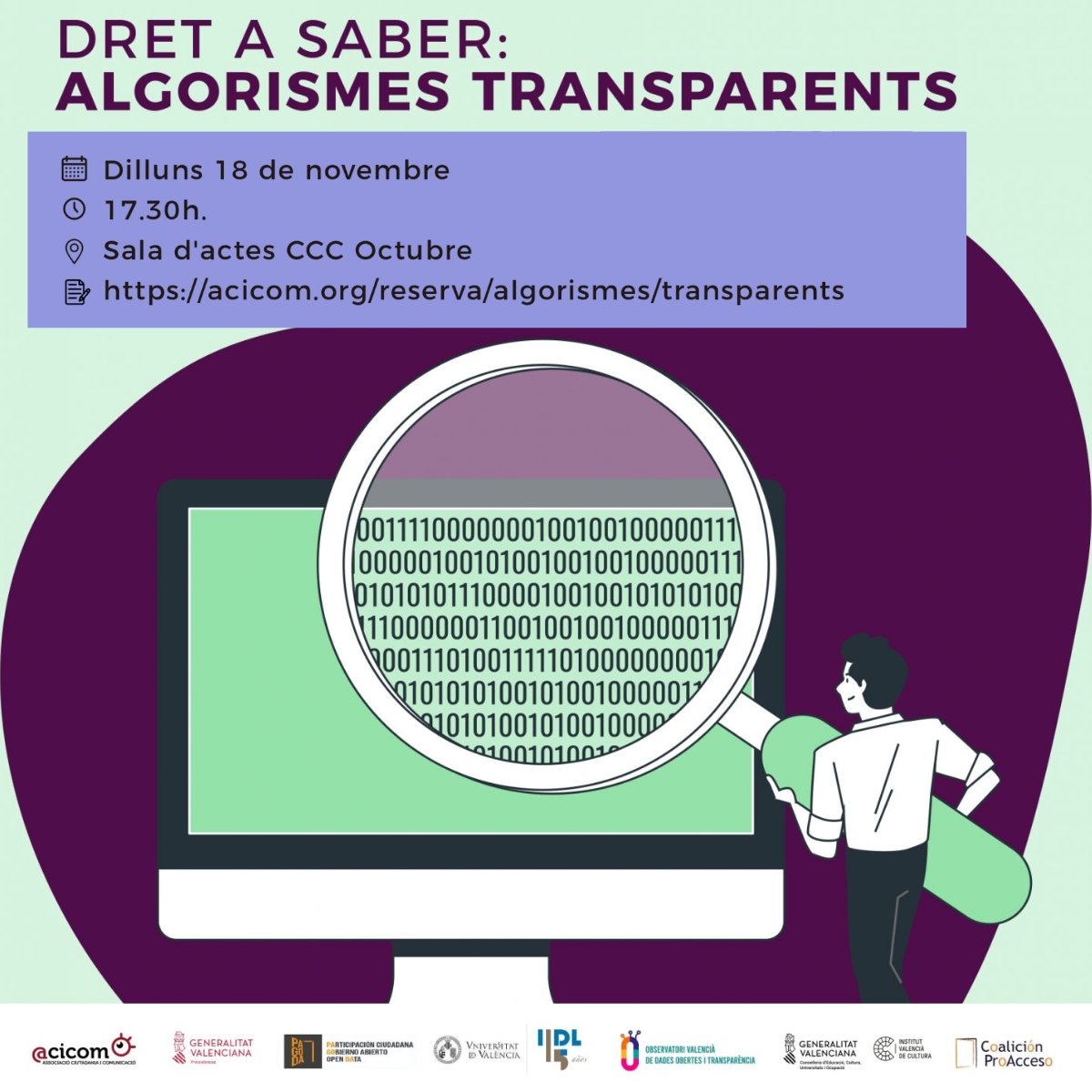 #CTranspaUPV (@ctranspaupv) on Twitter photo 🟣Vine a la jornada “Dret a saber: algoritmes transparents” que organitza <a href="/acicom_/">ACICOM-Ciutadania i Comunicació</a>, dedicada a la necessitat de garantir la transparència dels algoritmes en procediments automatitzats i neutrals.
📆18/11
🕙17:30h
📍Sala d’Actes del CCC OCTUBRE
🔗Inscripció acicom.org/dret-a-saber-a… 🟣Vine a la jornada “Dret a saber: algoritmes transparents” que organitza <a href="/acicom_/">ACICOM-Ciutadania i Comunicació</a>, dedicada a la necessitat de garantir la transparència dels algoritmes en procediments automatitzats i neutrals.
📆18/11
🕙17:30h
📍Sala d’Actes del CCC OCTUBRE
🔗Inscripció acicom.org/dret-a-saber-a…