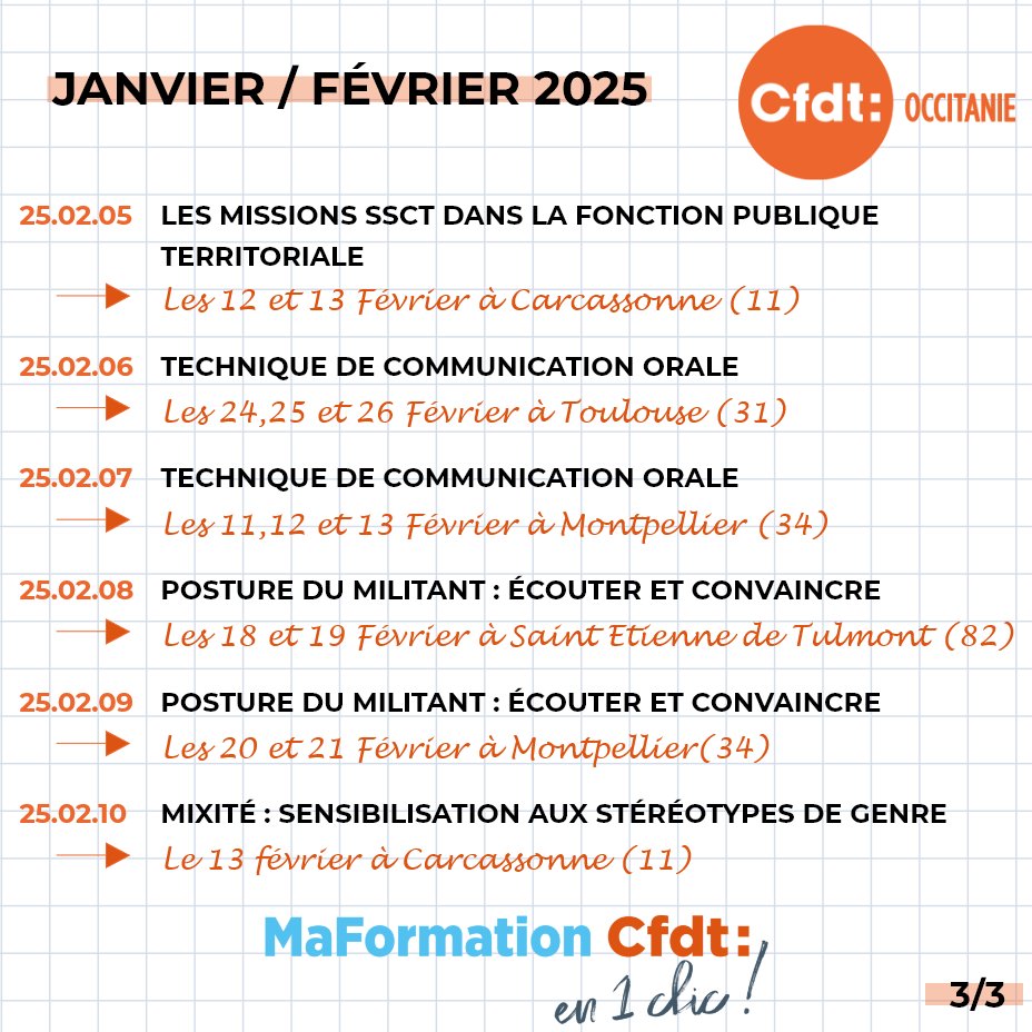 Cfdt_Occitanie's tweet photo. 🍊Formation syndicale🍊

Prévoyez vos inscriptions pour les premières formations syndicales de l'année 2025 !

Pour s'y inscrire rendez-vous sur : "Mon espace adhérent".

Plus d'informations : https://t.co/c23dySLaJc https://t.co/sByV9NjAwv