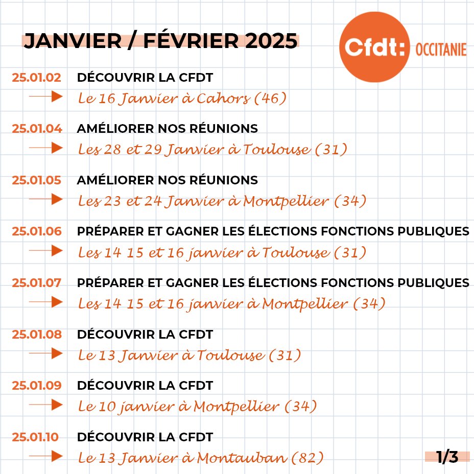 Cfdt_Occitanie's tweet photo. 🍊Formation syndicale🍊

Prévoyez vos inscriptions pour les premières formations syndicales de l'année 2025 !

Pour s'y inscrire rendez-vous sur : "Mon espace adhérent".

Plus d'informations : https://t.co/c23dySLaJc https://t.co/sByV9NjAwv
