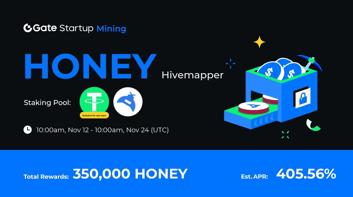 Gate_Launch's tweet photo. Startup #Mining $HONEY: Earn Rewards Hourly 
@Hivemapper
 
🔺Total Rewards: 350,000 $HONEY 
🔺Period: 10:00 AM, Nov 12 - Nov 24 (UTC) 
🔺Staking Asset: $USDT & $HONEY
🔺Estimated APR: 405.56% 
💰Earn: https://t.co/pYiw0T365Z

More: https://t.co/ezfDHdKmtp

#Gateio #GateioStartup #Farming