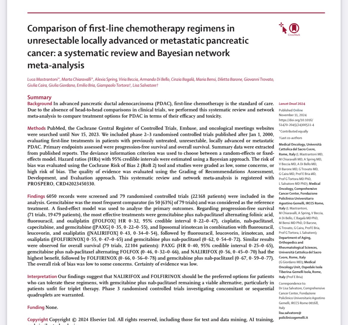 🧮First-line chemotherapies in advanced pancreatic cancer
<a href="/TheLancetOncol/">The Lancet Oncology</a> 

✅Meta-analysis reaffirms NALIRIFOX /FOLFIRINOX as first-line regimens

<a href="/TheLancet/">The Lancet</a> <a href="/OncoAlert/">OncoAlert</a> <a href="/realbowtiedoc/">Dr Joseph McCollom DO</a> #cancer #oncology #MedX