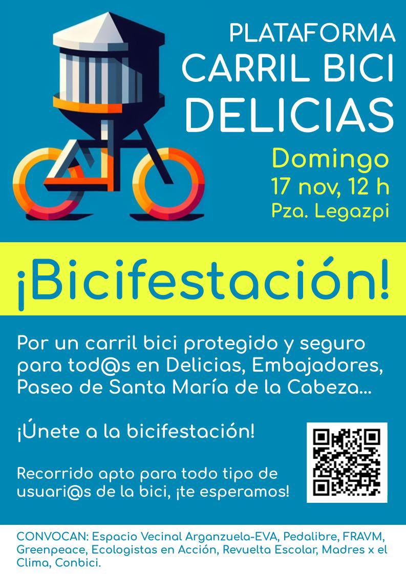 🔄 Bicifestación
🕛 Domingo a las 12h desde Legazpi, con quedada del SESI a las 11:45h en Peñuelas con Pasillo verde.
Manifestación ciclista apta para todas las edades para reclamar más y mejores carriles bici en Arganzuela.