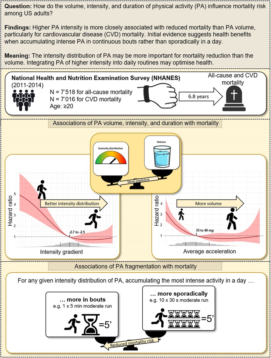 icorvilud's tweet image. Intensity or volume?
📌The role of physical activity in longevity
📌Study measuring day-distribution of the intensity of PA accumulated
⬆️PA intensity more closely associated with⬇️mortality risk than physical activity volume, particularly for CVD mortality
#exerciseworks #aging