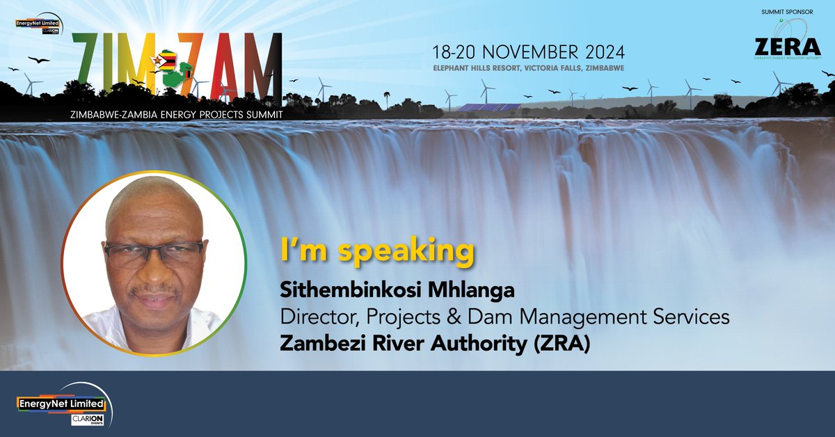 Our Director, Projects &amp; Dam Mangement Services, Eng. Mhlanga will be speaking at the Zimbabwe-Zambia Energy Projects Summit in Victoria Falls, Zimbabwe, from 18-20 November 2024.
Find out more about #ZimZam24 and register here >> zimzam-energysummit-2024.reg.buzz

<a href="/EnergyNet_Ltd/">EnergyNet</a>
