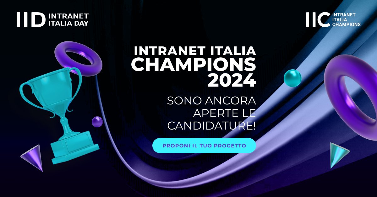 Intranet Italia Day (@intranet_it_day) on Twitter photo ⏳ Hai ancora tempo per candidare il vostro progetto a Intranet Italia Champions 2024!
Per saperne di più sul premio, le categorie di partecipazione, la giuria e i criteri di valutazione, visita la pagina sul sito di #IntranetItaliaDay 👉intranetitaliaday.it/intranet-itali…
#IIC2024 #intranet ⏳ Hai ancora tempo per candidare il vostro progetto a Intranet Italia Champions 2024!
Per saperne di più sul premio, le categorie di partecipazione, la giuria e i criteri di valutazione, visita la pagina sul sito di #IntranetItaliaDay 👉intranetitaliaday.it/intranet-itali…
#IIC2024 #intranet