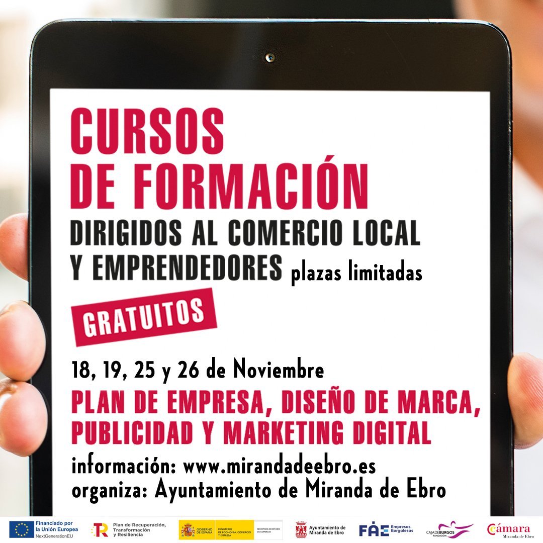 Dinamismo Empresarial 🚀 Fundación Caja de Burgos (@emprendecdb) on Twitter photo ¿Conoces a alguna persona que quiera abrir un comercio o emprender un negocio #MirandadeEbro?
Taller de #emprendimiento
🟣Fechas: 18, 19, 25 y 26 de noviembre 2024
¡Últimas 5️⃣plazas!
Organizan: <a href="/Fundcajaburgos/">Fundación Caja de Burgos</a> y <a href="/vivirmiranda/">Vivir Miranda</a>
➕info:
portal.cajadeburgos.com/emprendimiento… ¿Conoces a alguna persona que quiera abrir un comercio o emprender un negocio #MirandadeEbro?
Taller de #emprendimiento
🟣Fechas: 18, 19, 25 y 26 de noviembre 2024
¡Últimas 5️⃣plazas!
Organizan: <a href="/Fundcajaburgos/">Fundación Caja de Burgos</a> y <a href="/vivirmiranda/">Vivir Miranda</a>
➕info:
portal.cajadeburgos.com/emprendimiento…