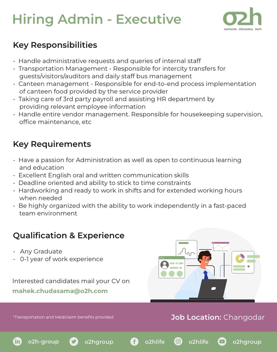 We’re hiring an 𝗔𝗱𝗺𝗶𝗻 𝗘𝘅𝗲𝗰𝘂𝘁𝗶𝘃𝗲 to join our team!

For more details about the job role and responsibilities, please refer to the creative below.

To apply, mail your CVs to mahek.chudasama@o2h.com