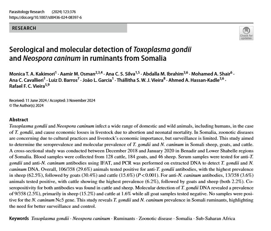 Our latest research reveals a hidden threat: 𝑻𝒐𝒙𝒐𝒑𝒍𝒂𝒔𝒎𝒂 𝒈𝒐𝒏𝒅𝒊𝒊 and 𝑵𝒆𝒐𝒔𝒑𝒐𝒓𝒂 𝒄𝒂𝒏𝒊𝒏𝒖𝒎 are widespread in Somali livestock, posing risks to both animal and human health.
Thanks to everyone involved! Read the study here: rdcu.be/dZUjO