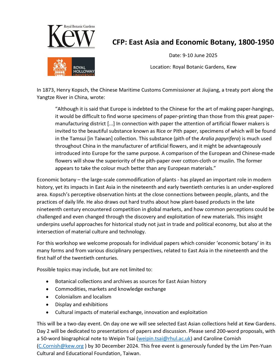 Plant Humanities UK (@planthums_uk) on Twitter photo CFP: #EAST #ASIA & #ECONOMIC #BOTANY, 1800-1950, in-person symposium @KewGardens in collaboration with <a href="/RoyalHolloway/">Royal Holloway</a> <a href="/RHULHistory/">Royal Holloway History Department</a>, 9-10 June 2025. Abstracts to Weipin.Tsai@rhul.ac.uk & c.cornish@kew.org by 30/12/2024 <a href="/RHGeoHumanities/">RHUL GeoHumanities</a> @Kew_LAA @KewScience <a href="/bacs_china/">BACS 英国汉学协会</a> <a href="/BPCS_China/">British Postgraduate Network for Chinese Studies</a> CFP: #EAST #ASIA & #ECONOMIC #BOTANY, 1800-1950, in-person symposium @KewGardens in collaboration with <a href="/RoyalHolloway/">Royal Holloway</a> <a href="/RHULHistory/">Royal Holloway History Department</a>, 9-10 June 2025. Abstracts to Weipin.Tsai@rhul.ac.uk & c.cornish@kew.org by 30/12/2024 <a href="/RHGeoHumanities/">RHUL GeoHumanities</a> @Kew_LAA @KewScience <a href="/bacs_china/">BACS 英国汉学协会</a> <a href="/BPCS_China/">British Postgraduate Network for Chinese Studies</a>